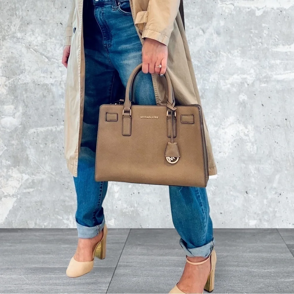 Michael Kors Dillon Satchel Tote Crossbody Bag Saffiano Leather Gray